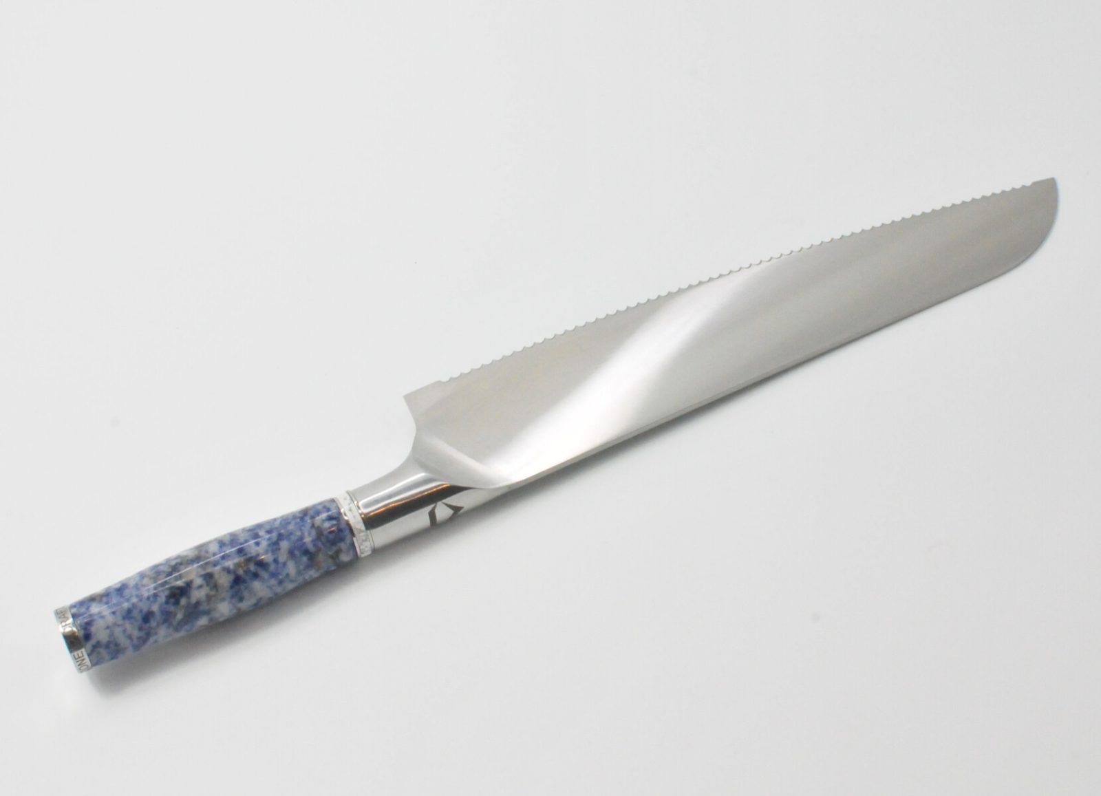 10 Inch Bread Knife with a Blue Dot Marble Handle, White Cubic Zirconia Stone at the Back of the Knife and White Howlite and Stainless Steel Rings-2