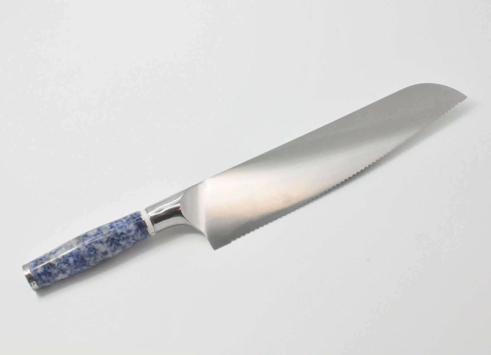 10 Inch Bread Knife with a Blue Dot Marble Handle, White Cubic Zirconia Stone at the Back of the Knife and White Howlite and Stainless Steel Rings