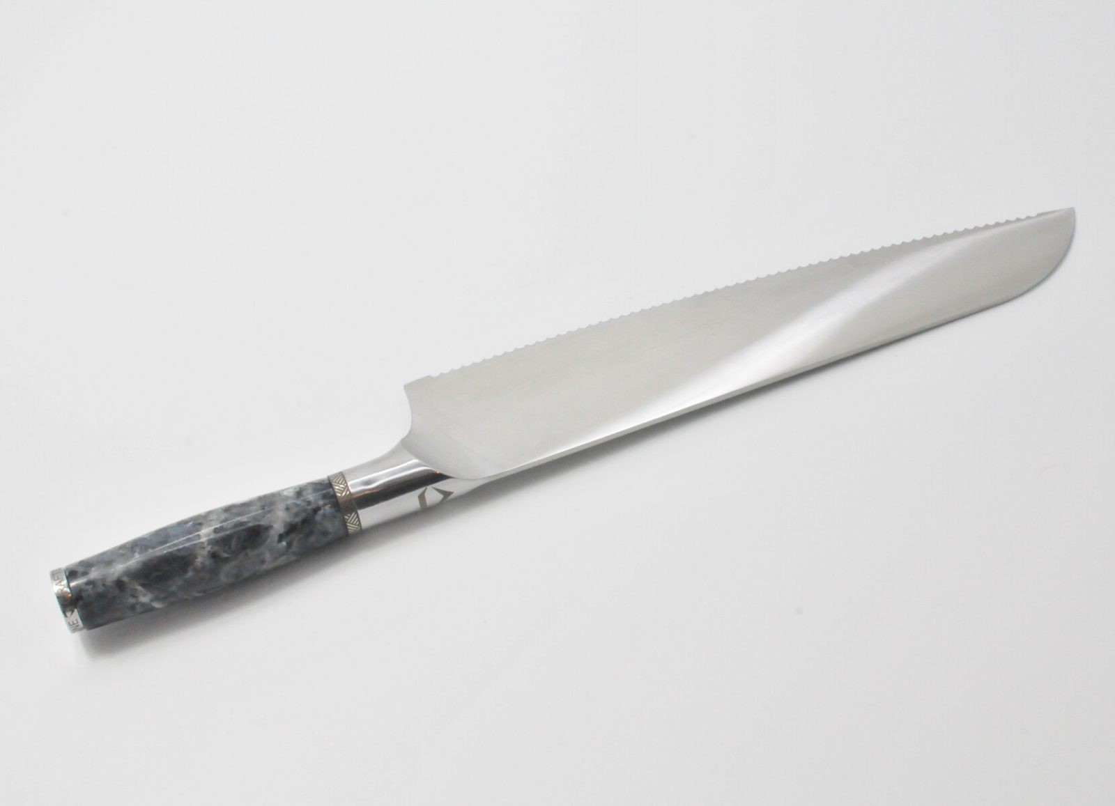 10 Inch Bread Knife with a Moonlight Grey Granite Handle, Aqua Blue Cubic Zirconia at the Back of the Knife and a Stainless Steel Engraved Aztec Decorative Ring-2