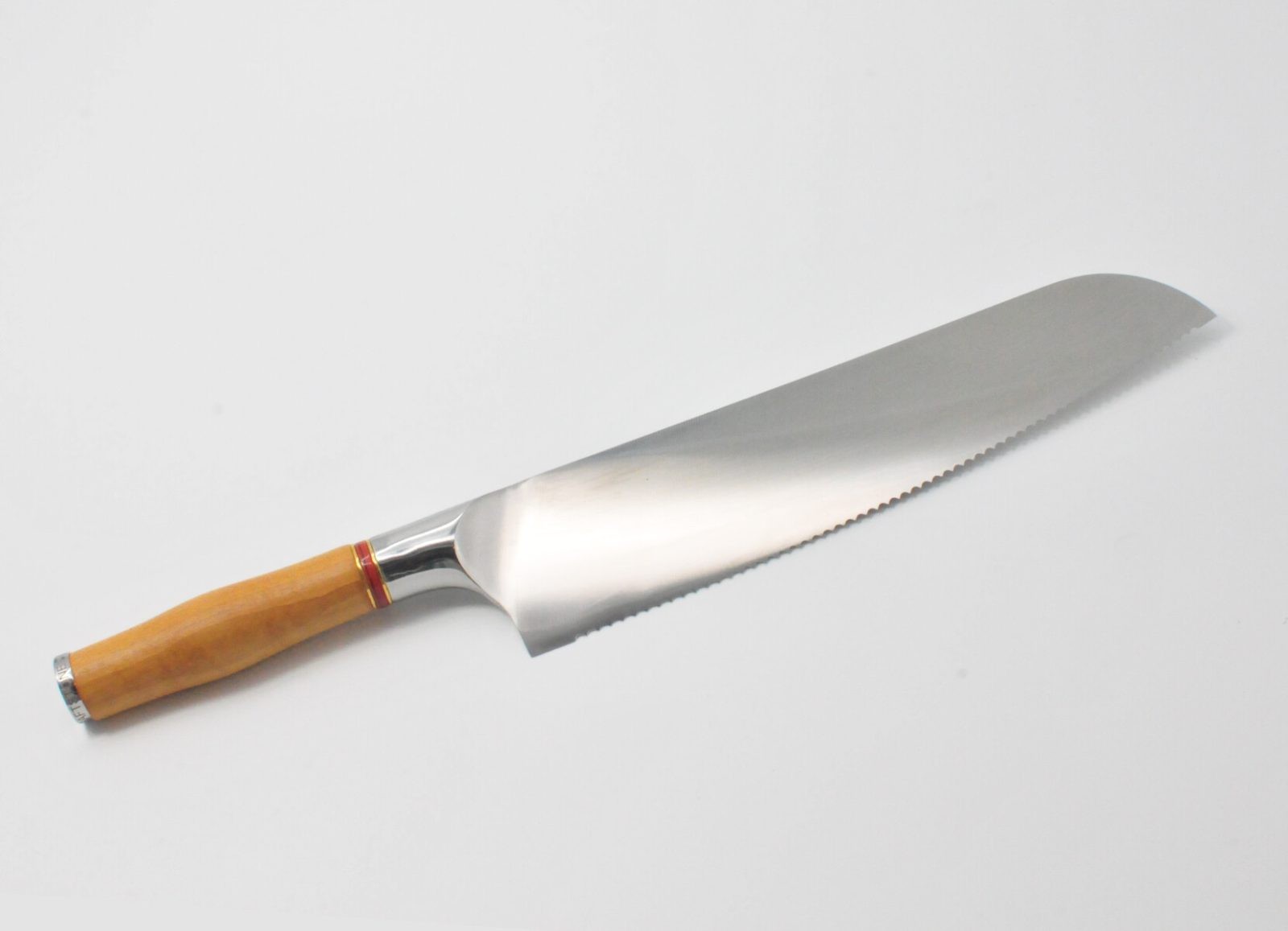10 Inch Bread Knife with a Torrefied Maple Handle, a Garnet Colored Cubic Zirconia Stone at the Back of the Knife and Brass and Red Jasper Decorative Rings-2