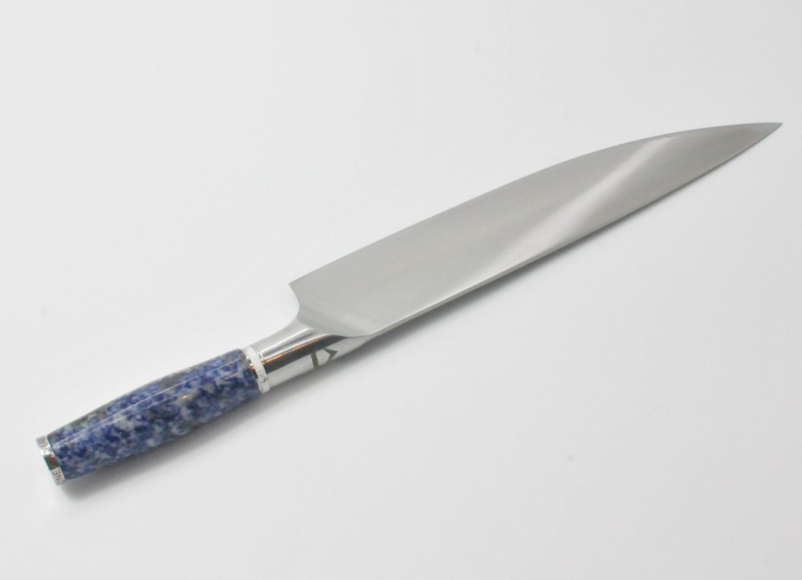 10 Inch Chef Knife with a Blue Dot Marble Handle, White Cubic Zirconia Stone at the Back of the Knife and White Howlite and Stainless Steel Rings-3
