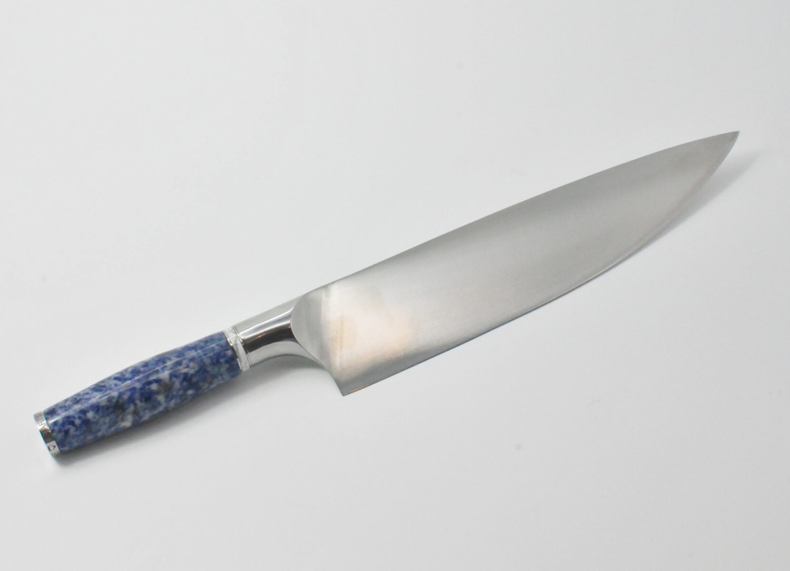 10 Inch Chef Knife with a Blue Dot Marble Handle, White Cubic Zirconia Stone at the Back of the Knife and White Howlite and Stainless Steel Rings