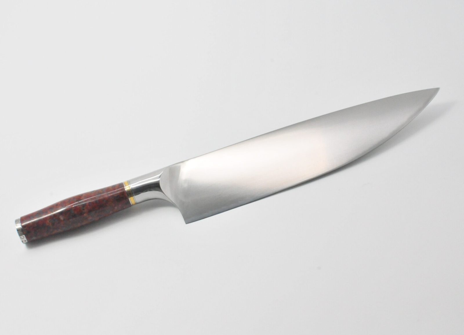 10 Inch Chef Knife with a Red Granite Handle, a Garnet Colored Cubic Zirconia Stone at the Back of the Knife and Brass and Stainless Steel Decorative Rings-4