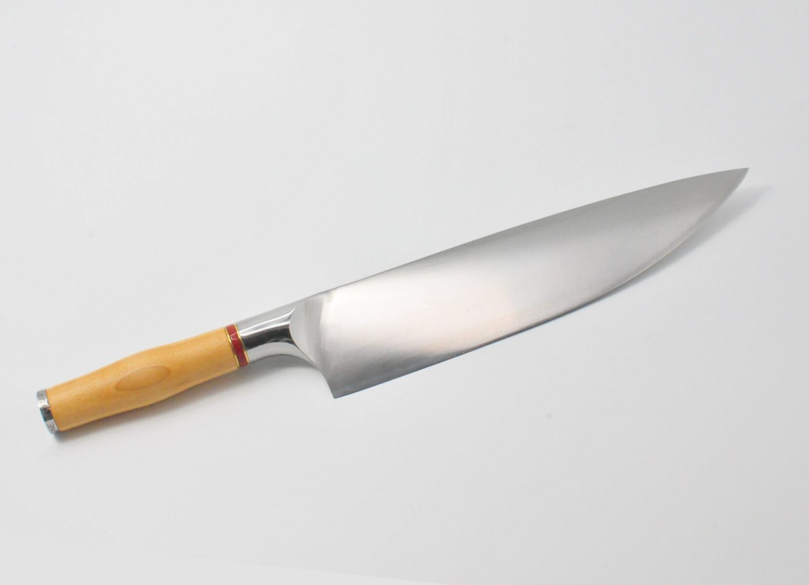 10 Inch Chef Knife with a Torrefied Maple Handle, a Garnet Colored Cubic Zirconia Stone at the Back of the Knife and Brass and Red Jasper Decorative Rings-2