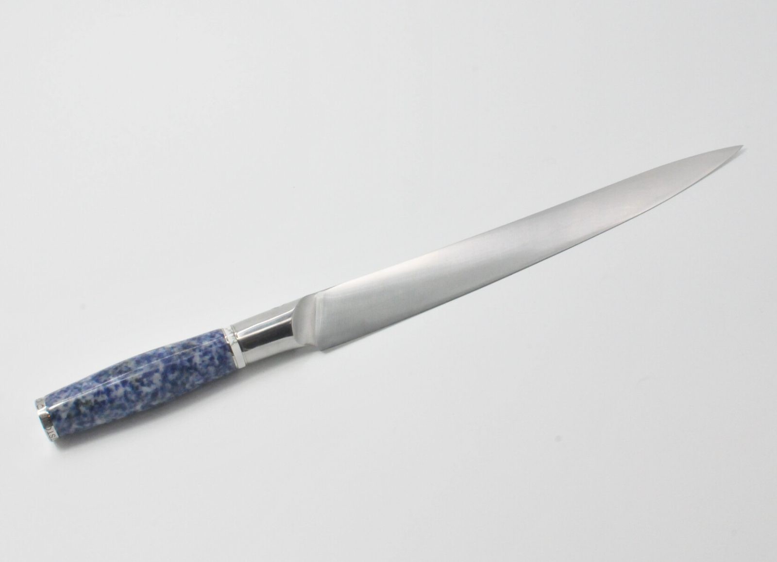 10 Inch Sushi Knife with a Blue Dot Marble Handle, White Cubic Zirconia Stone at the Back of the Knife and White Howlite and Stainless Steel Rings-2