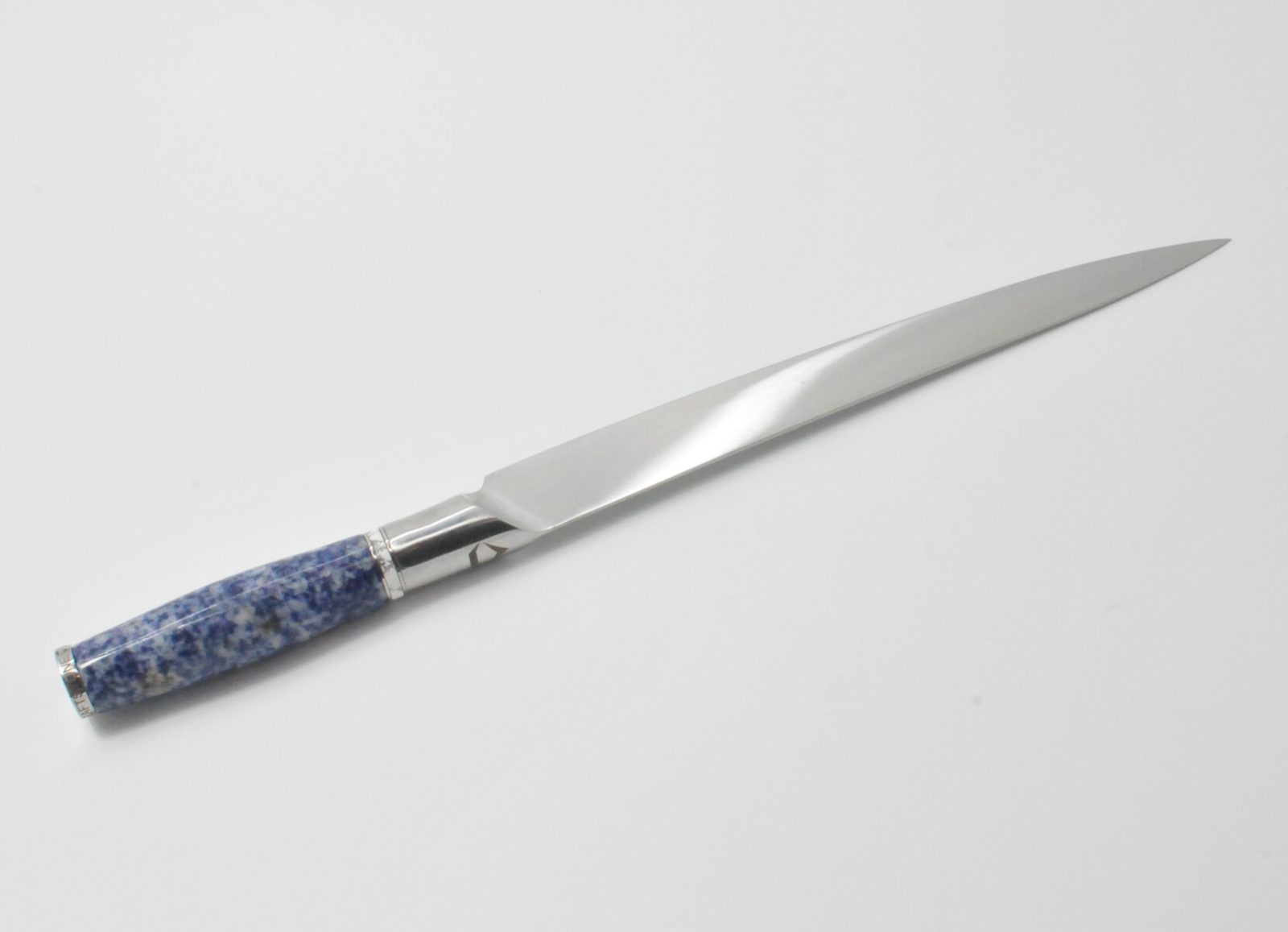 10 Inch Sushi Knife with a Blue Dot Marble Handle, White Cubic Zirconia Stone at the Back of the Knife and White Howlite and Stainless Steel Rings