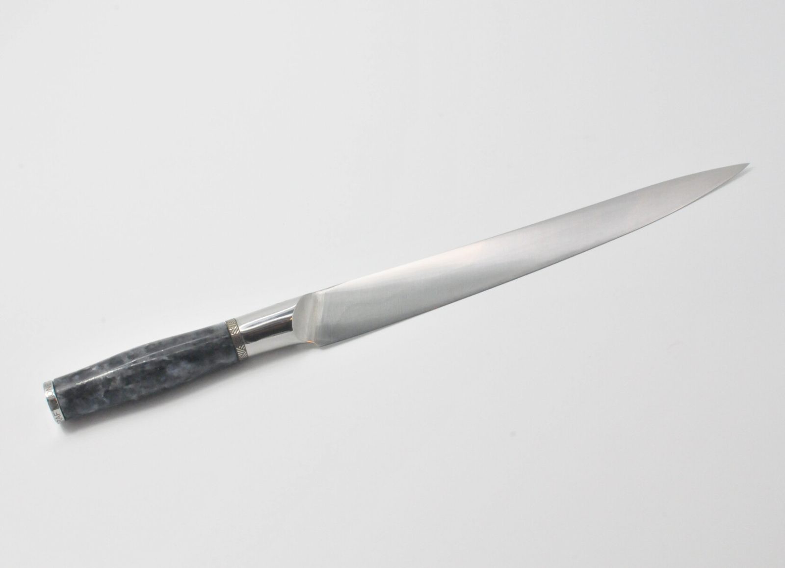 10 Inch Sushi Knife with a Moonlight Grey Granite Handle, Aqua Blue Cubic Zirconia at the Back of the Knife and a Stainless Steel Engraved Aztec Decorative Ring-2