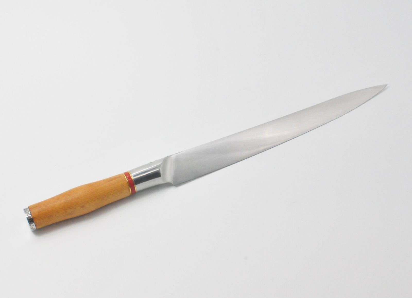 10 Inch Sushi Knife with a Torrefied Maple Handle, a Garnet Colored Cubic Zirconia Stone at the Back of the Knife and Brass and Red Jasper Decorative Rings-2