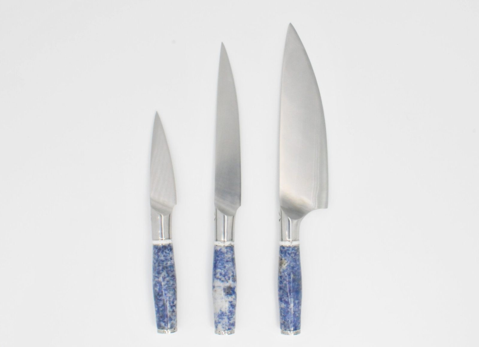 3 Knife Set with a Blue Dot Marble Handle, White Cubic Zirconia