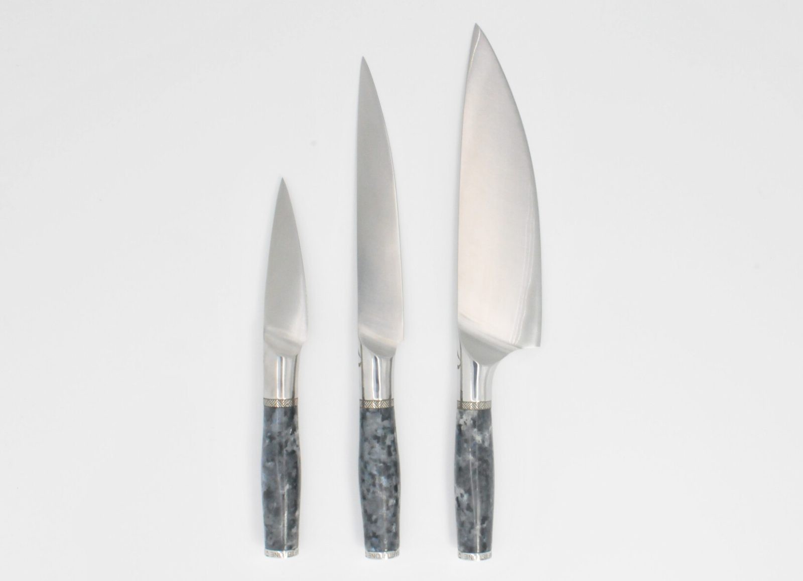 3 Knife Set with a Moonlight Grey Granite Handle, Aqua Blue Cubic Zirconia at the Back of the Knife and a Stainless Steel Engraved Aztec Decorative Ring