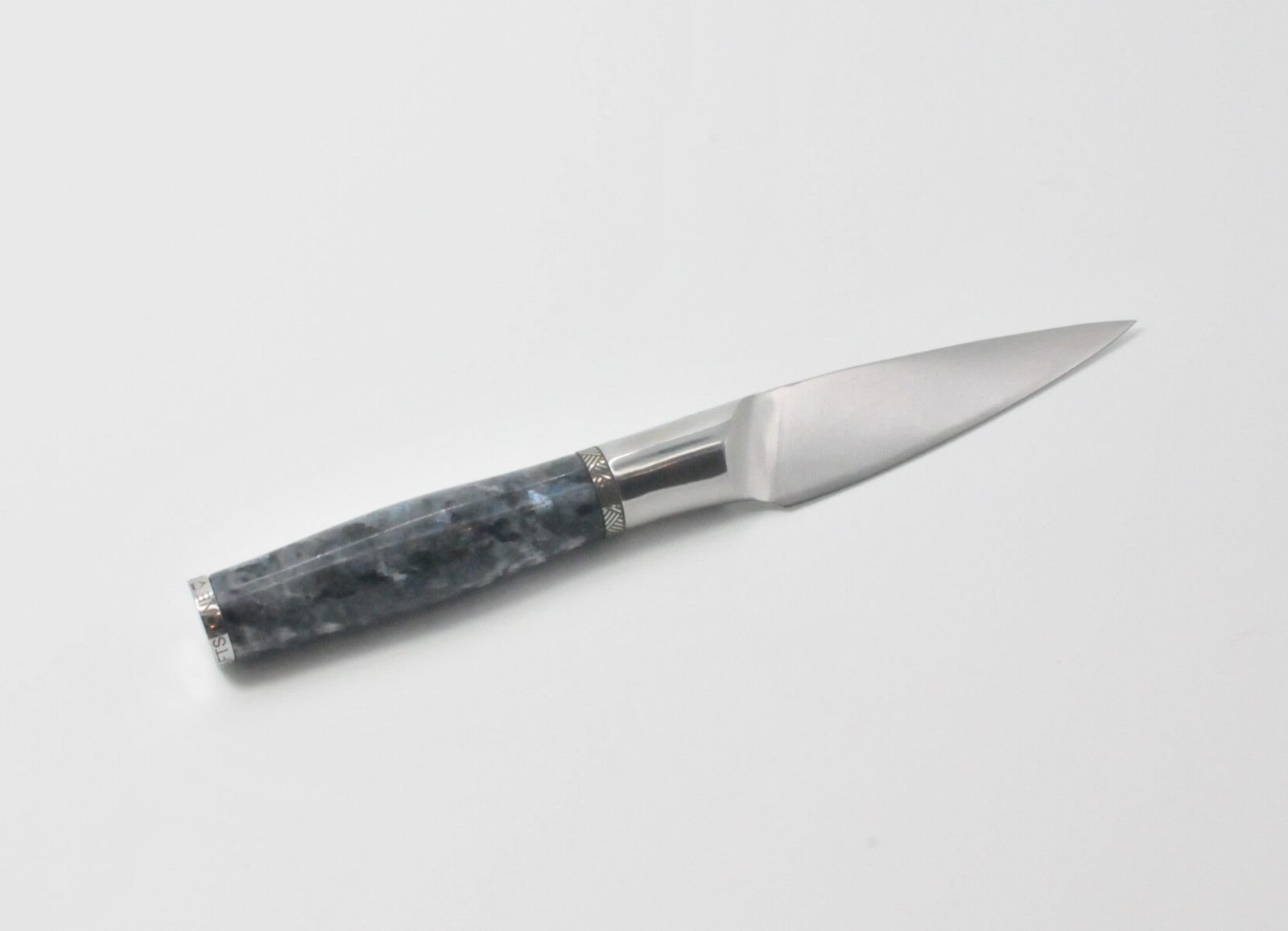 4 Inch Pairing Knife with a Moonlight Grey Granite Handle, Aqua Blue Cubic Zirconia at the Back of the Knife and a Stainless Steel Engraved Aztec Decorative Ring-2