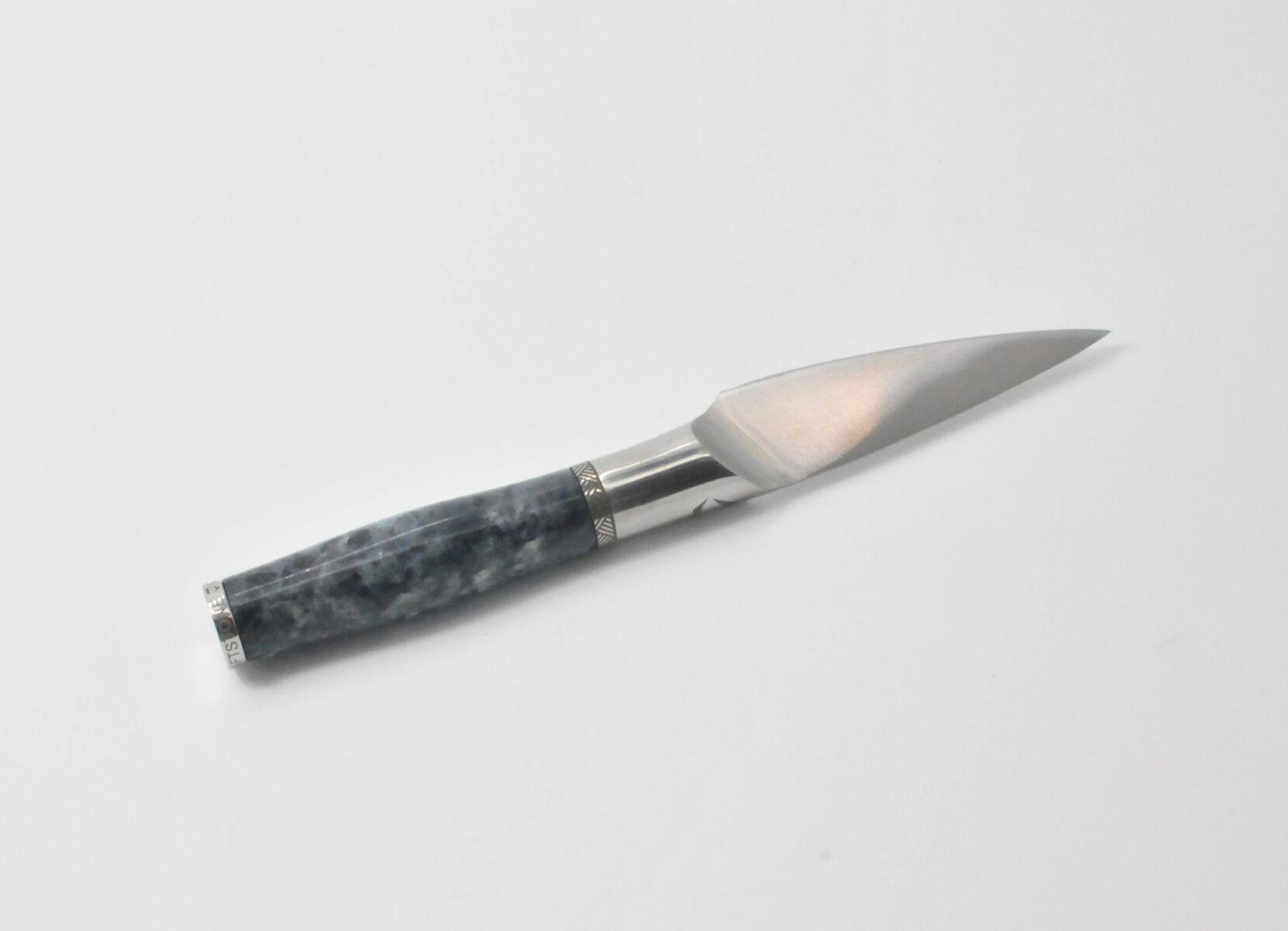 4 Inch Pairing Knife with a Moonlight Grey Granite Handle, Aqua Blue Cubic Zirconia at the Back of the Knife and a Stainless Steel Engraved Aztec Decorative Ring