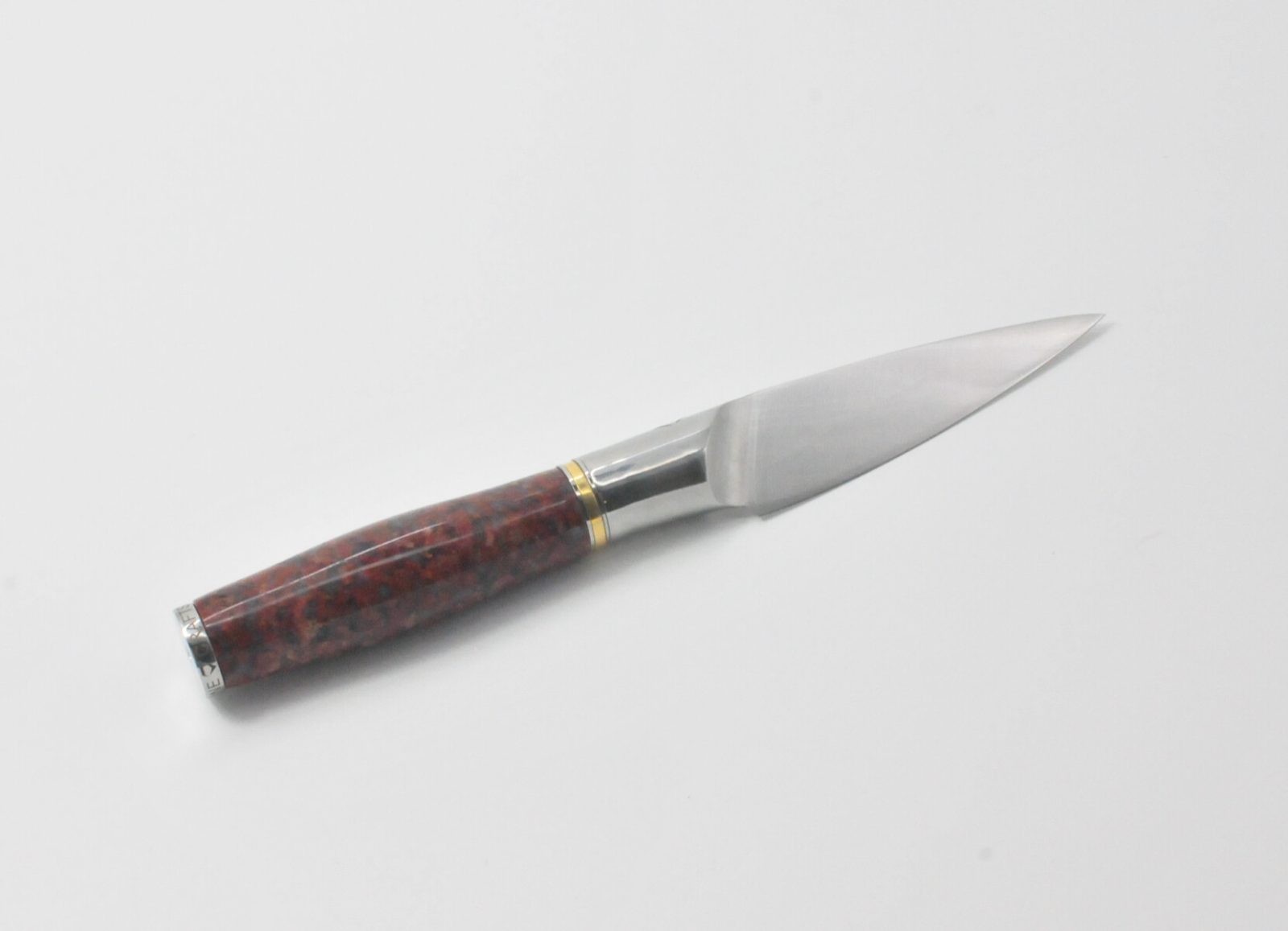 4 Inch Pairing Knife with a Red Granite Handle, a Garnet Colored Cubic Zirconia Stone at the Back of the Knife and Brass and Stainless Steel Decorative Rings-2