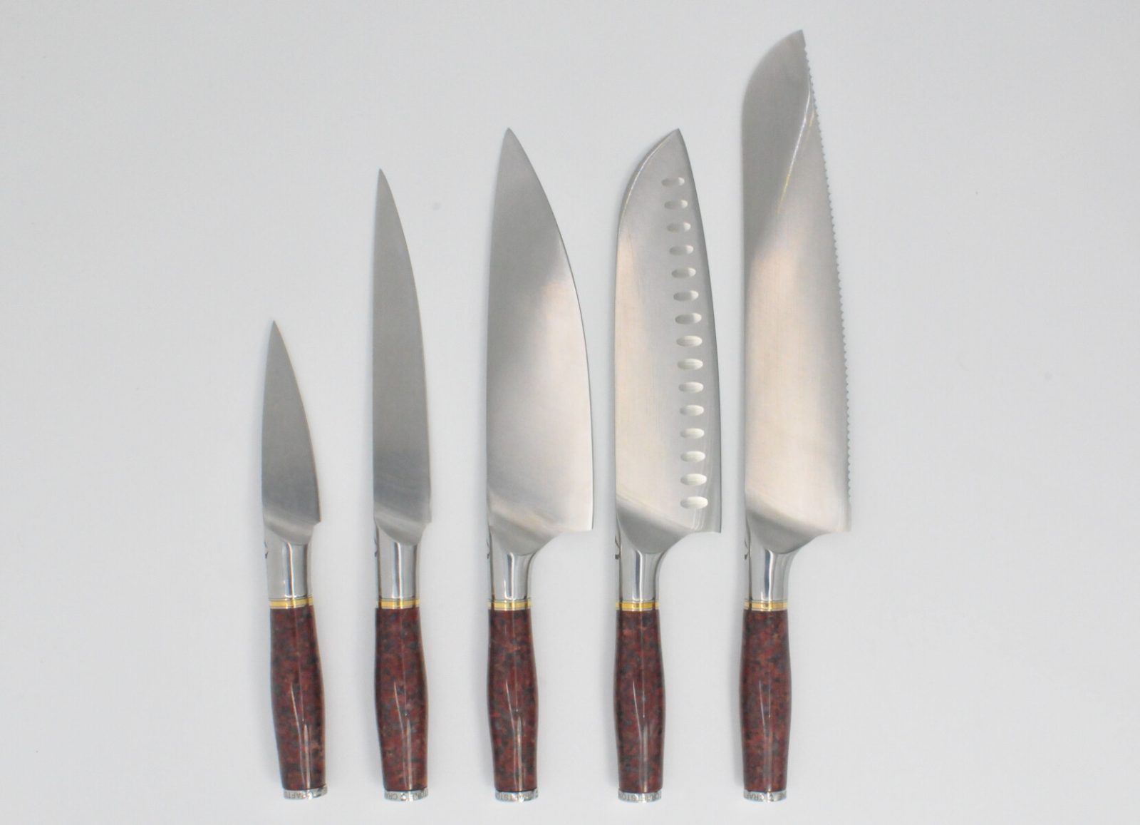 5 Knife Set with a Red Granite Handle, a Garnet Colored Cubic Zirconia Stone at the Back of the Knife and Brass and Stainless Steel Decorative Rings-2
