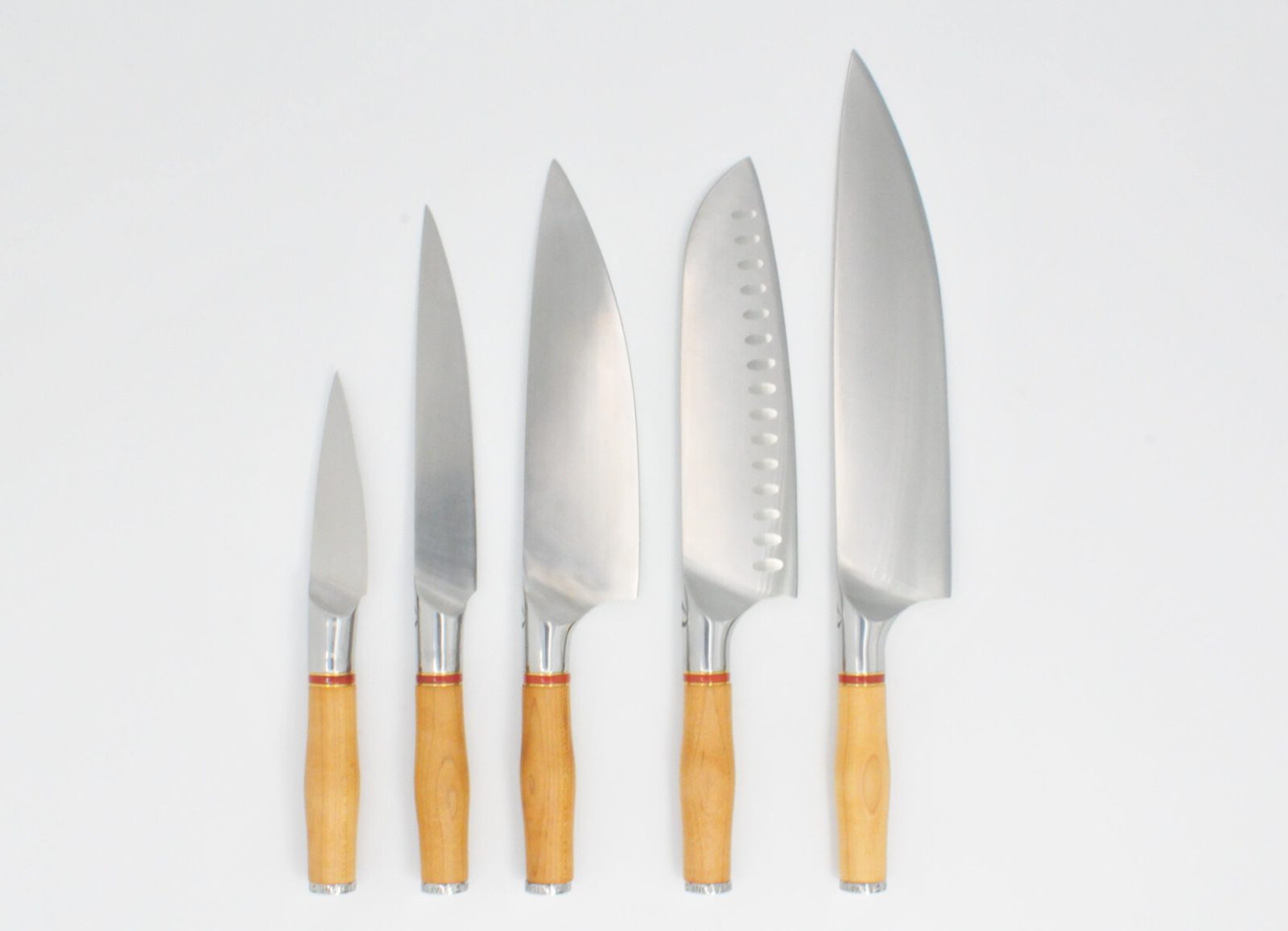 5 Knife Set with a Torrefied Maple Handle, a Garnet Colored Cubic Zirconia Stone at the Back of the Knife and Brass and Red Jasper Decorative Rings