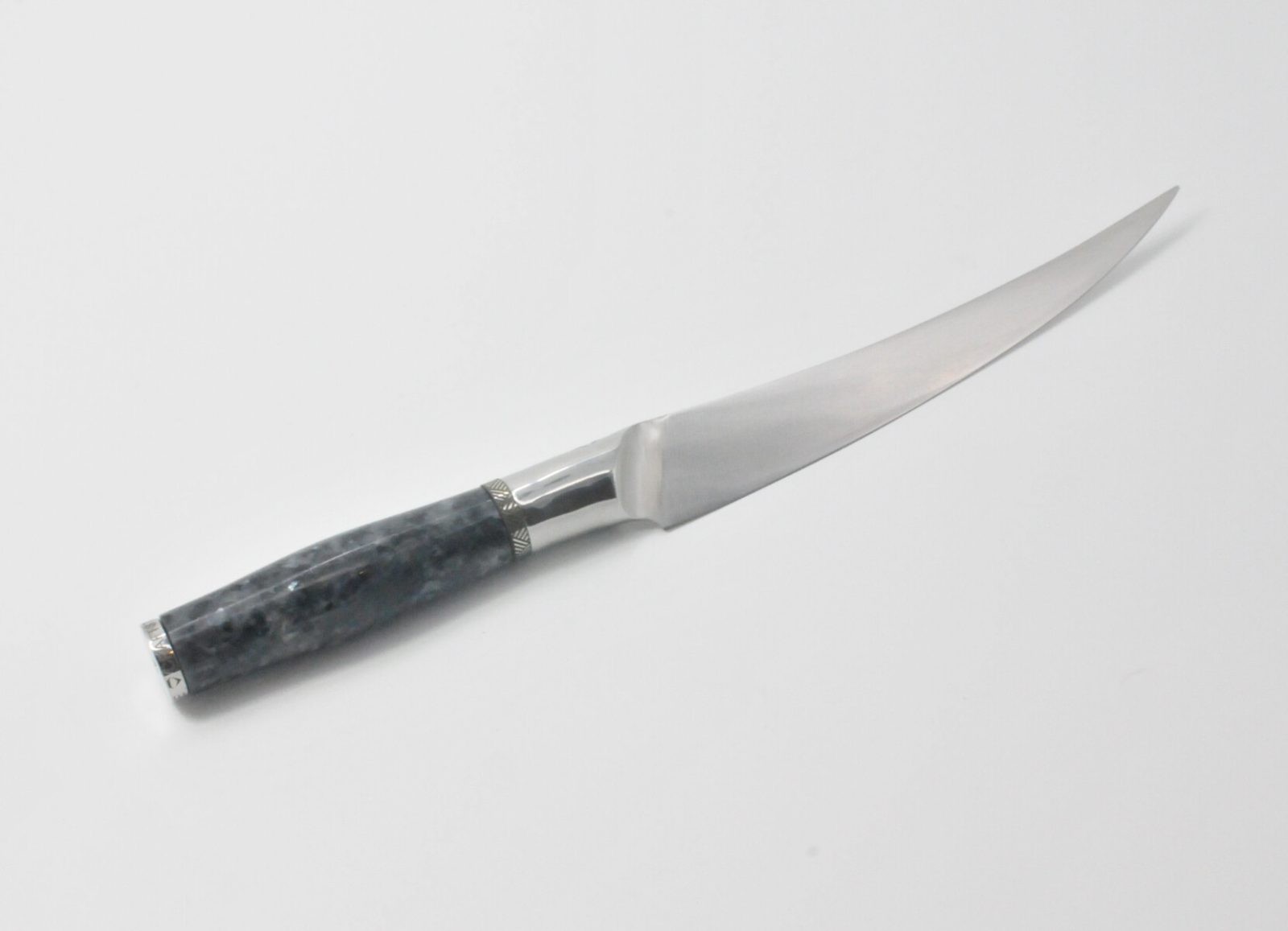 7 Inch Filet Knife with a Moonlight Grey Granite Handle, Aqua Blue Cubic Zirconia at the Back of the Knife and a Stainless Steel Engraved Aztec Decorative Ring-2