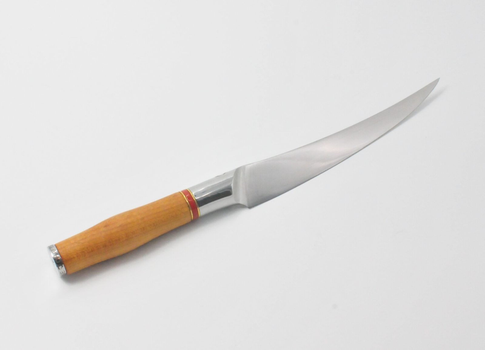7 Inch Filet Knife with a Torrefied Maple Handle, a Garnet Colored Cubic Zirconia Stone at the Back of the Knife and Brass and Red Jasper Decorative Rings-2
