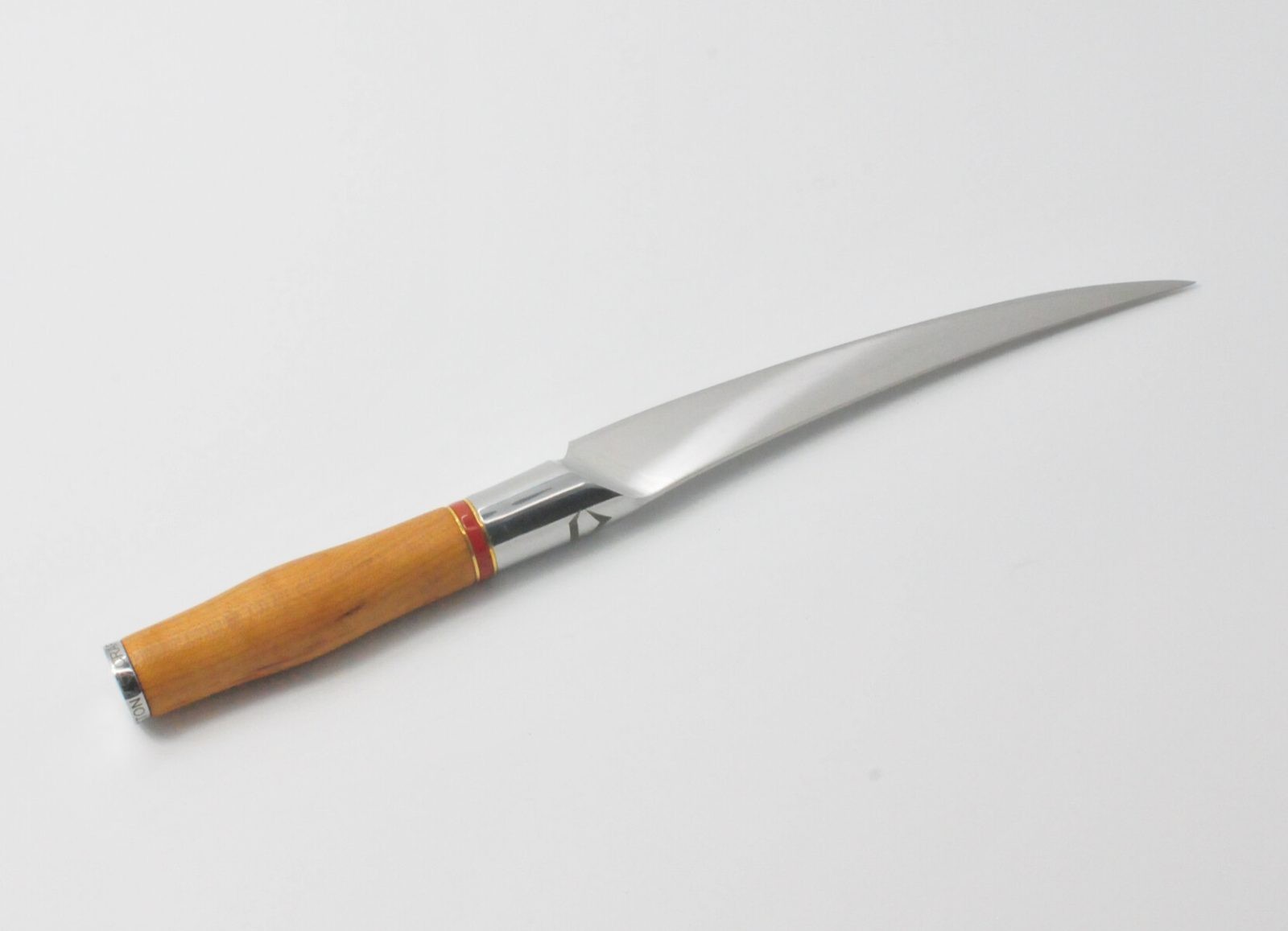7 Inch Filet Knife with a Torrefied Maple Handle, a Garnet Colored Cubic Zirconia Stone at the Back of the Knife and Brass and Red Jasper Decorative Rings