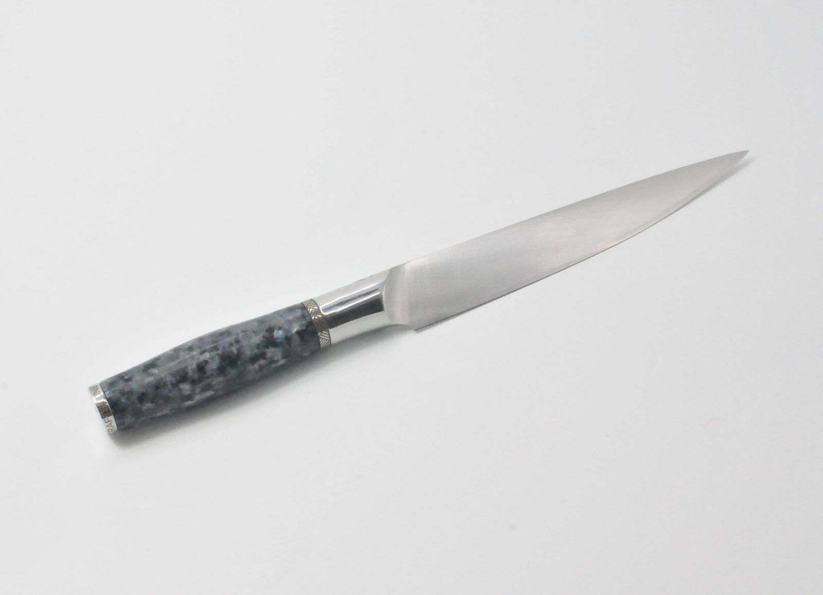7 Inch Utility Knife with a Moonlight Grey Granite Handle, Aqua Blue Cubic Zirconia at the Back of the Knife and a Stainless Steel Engraved Aztec Decorative Ring-2
