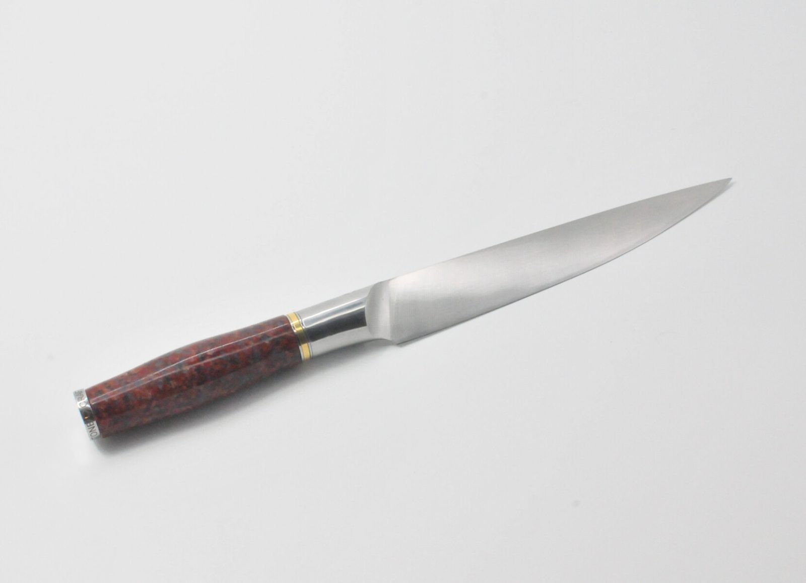 7 Inch Utility Knife with a Red Granite Handle, a Garnet Colored Cubic Zirconia Stone at the Back of the Knife and Brass and Stainless Steel Decorative Rings-2