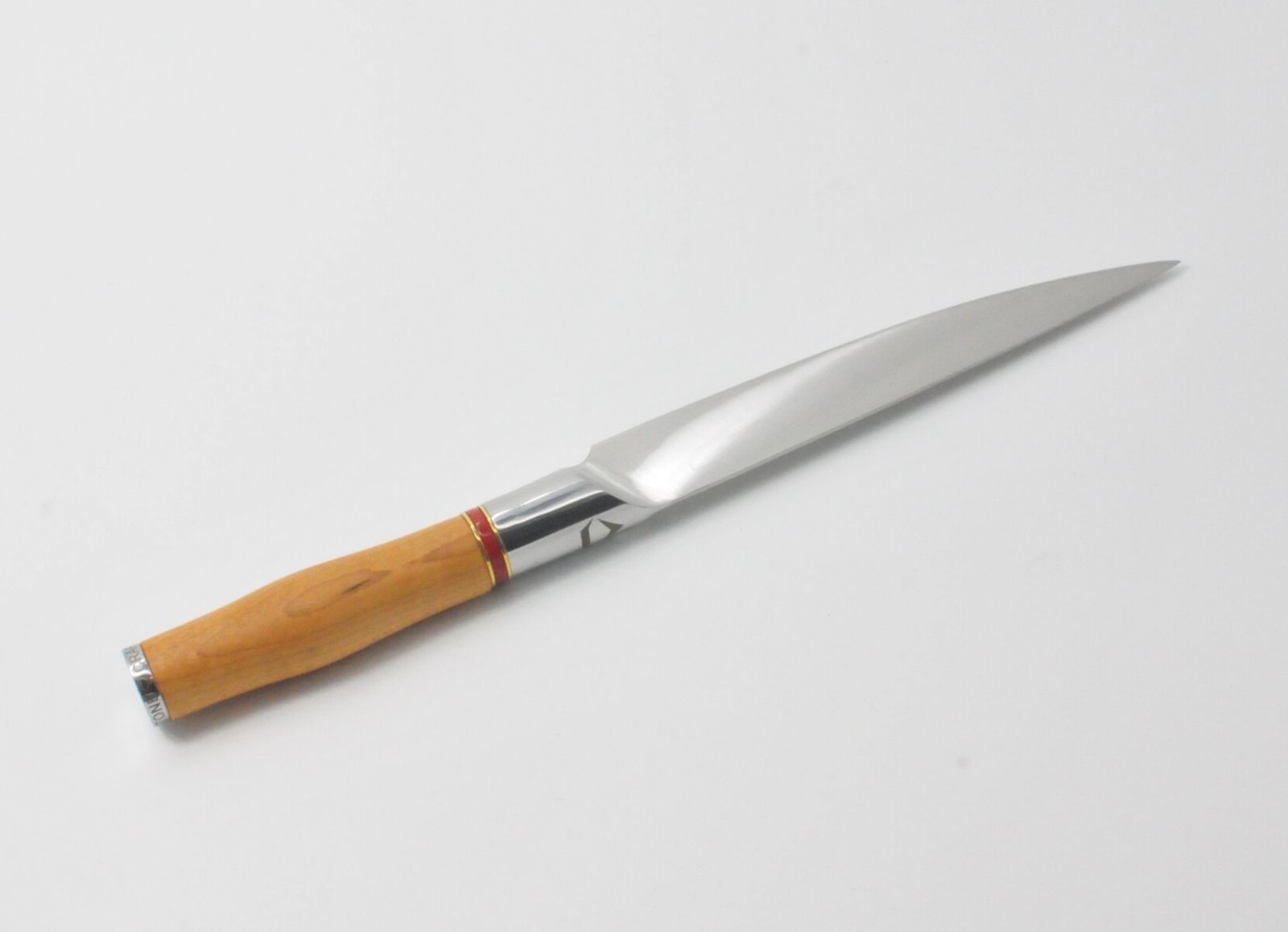 7 Inch Utility Knife with a Torrefied Maple Handle, a Garnet Colored Cubic Zirconia Stone at the Back of the Knife and Brass and Red Jasper Decorative Rings-2