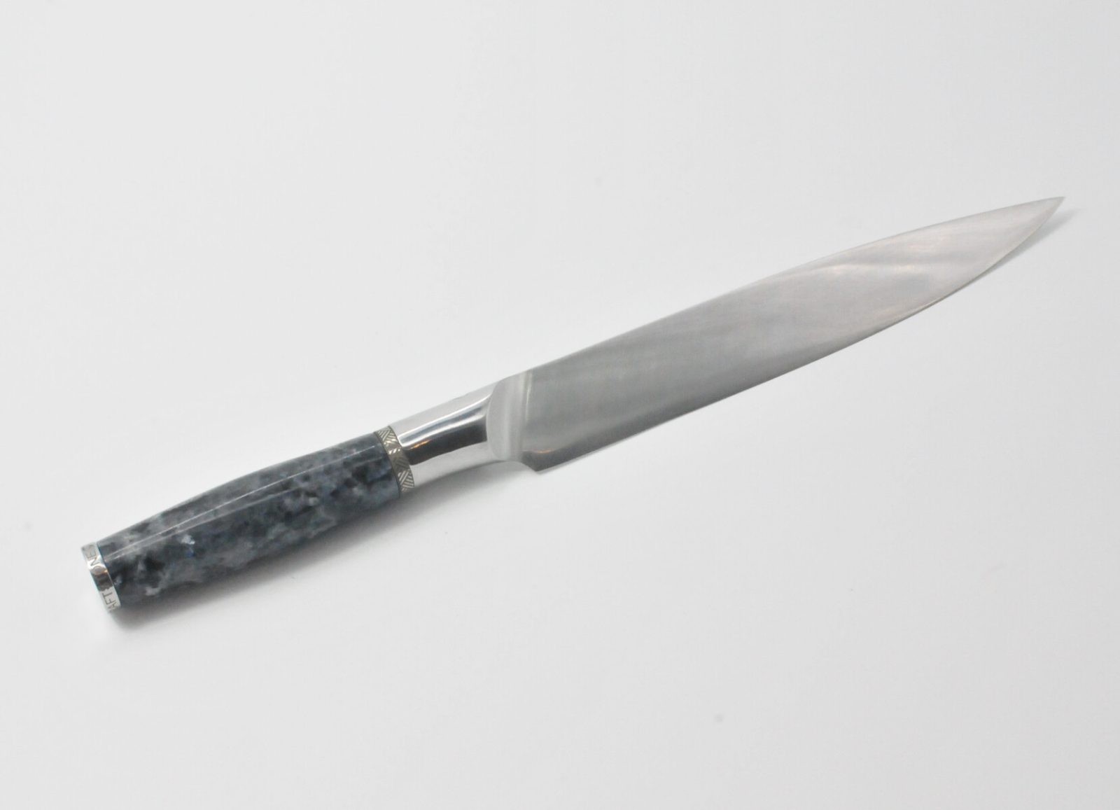 8 Inch Carving Knife with a Moonlight Grey Granite Handle, Aqua Blue Cubic Zirconia at the Back of the Knife and a Stainless Steel Engraved Aztec Decorative Ring-2
