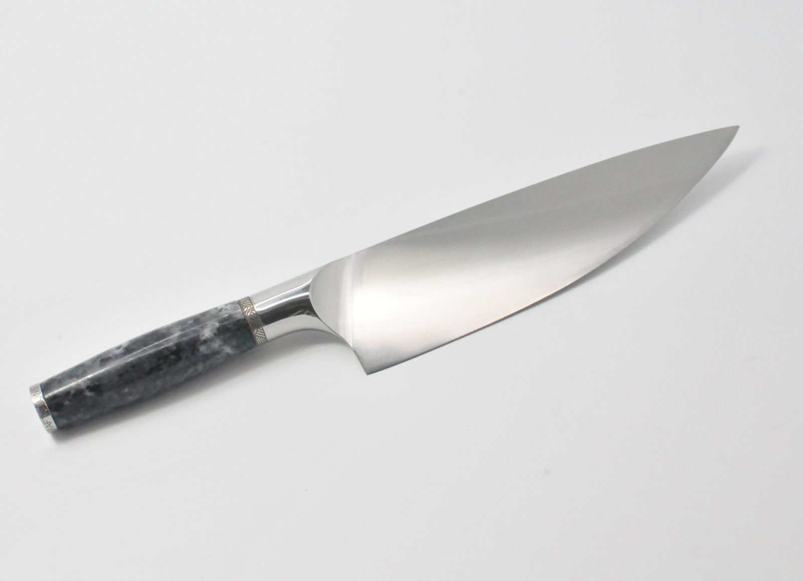 8 Inch Chef Knife with a Moonlight Grey Granite Handle, Aqua Blue Cubic Zirconia at the Back of the Knife and a Stainless Steel Engraved Aztec Decorative Ring-2