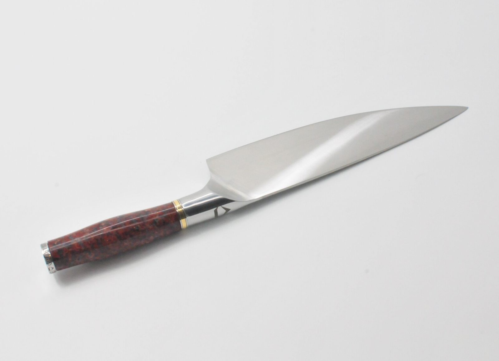 8 Inch Chef Knife with a Red Granite Handle, a Garnet Colored Cubic Zirconia Stone at the Back of the Knife and Brass and Stainless Steel Decorative Rings-2