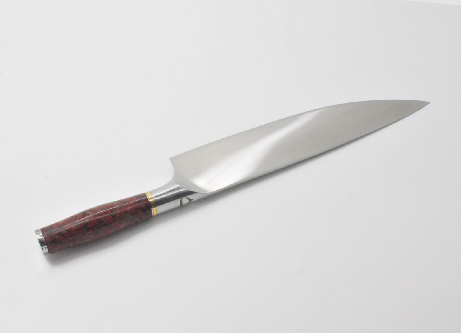 10 Inch Chef Knife with a Red Granite Handle, a Garnet Colored Cubic Zirconia Stone at the Back of the Knife and Brass and Stainless Steel Decorative Rings-3