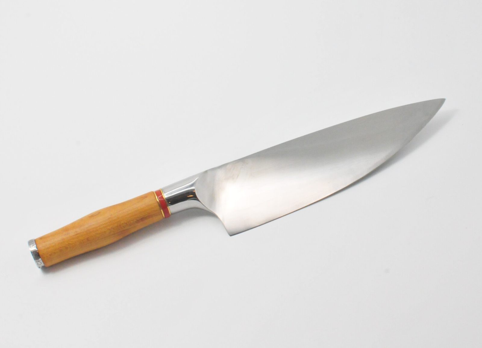 8 Inch Chef Knife with a Torrefied Maple Handle, a Garnet Colored Cubic Zirconia Stone at the Back of the Knife and Brass and Red Jasper Decorative Rings-2