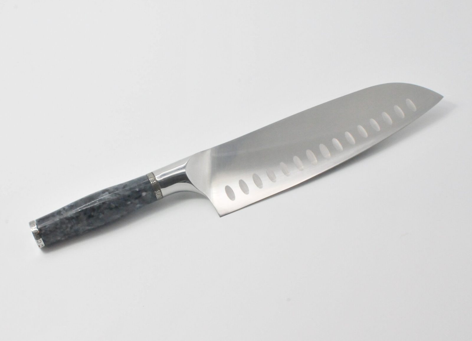 8 Inch Santoku Knife with a Moonlight Grey Granite Handle, Aqua Blue Cubic Zirconia at the Back of the Knife and a Stainless Steel Engraved Aztec Decorative Ring