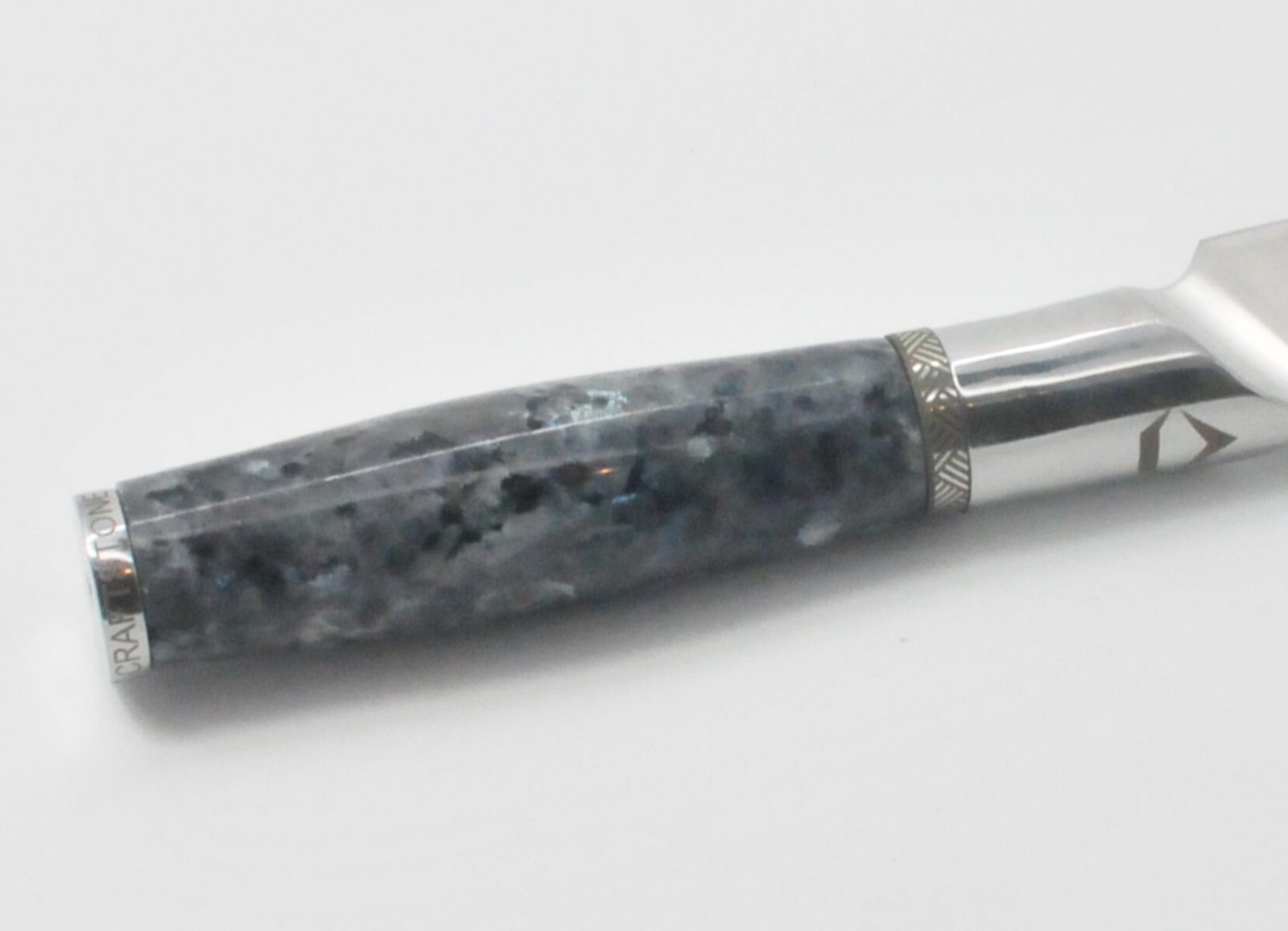8 Inch Santoku Knife with a Moonlight Grey Granite Handle and a Stainless Steel Engraved Aztec Decorative Ring