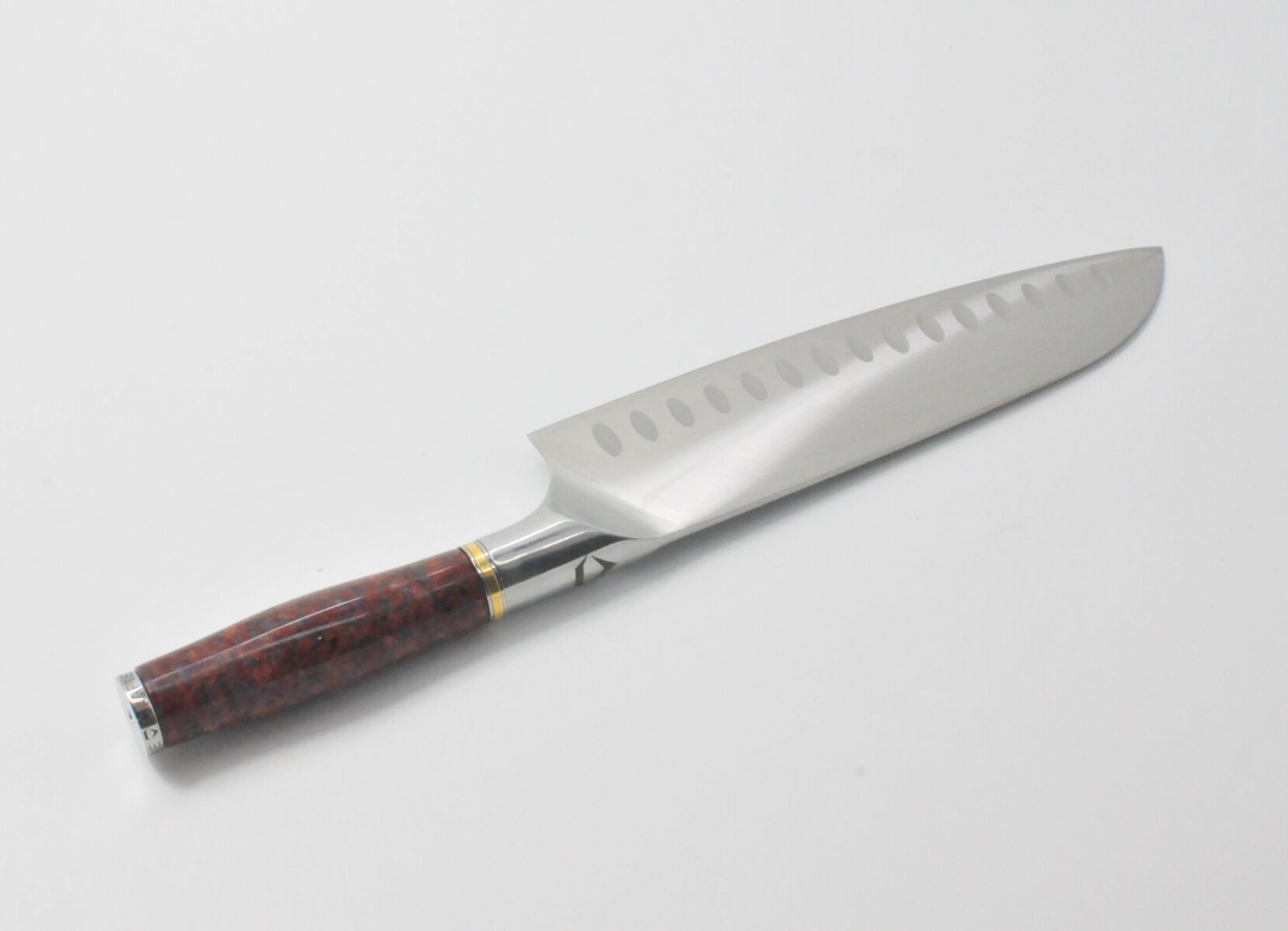 8 Inch Santoku Knife with a Red Granite Handle, a Garnet Colored Cubic Zirconia Stone at the Back of the Knife and Brass and Stainless Steel Decorative Rings-2