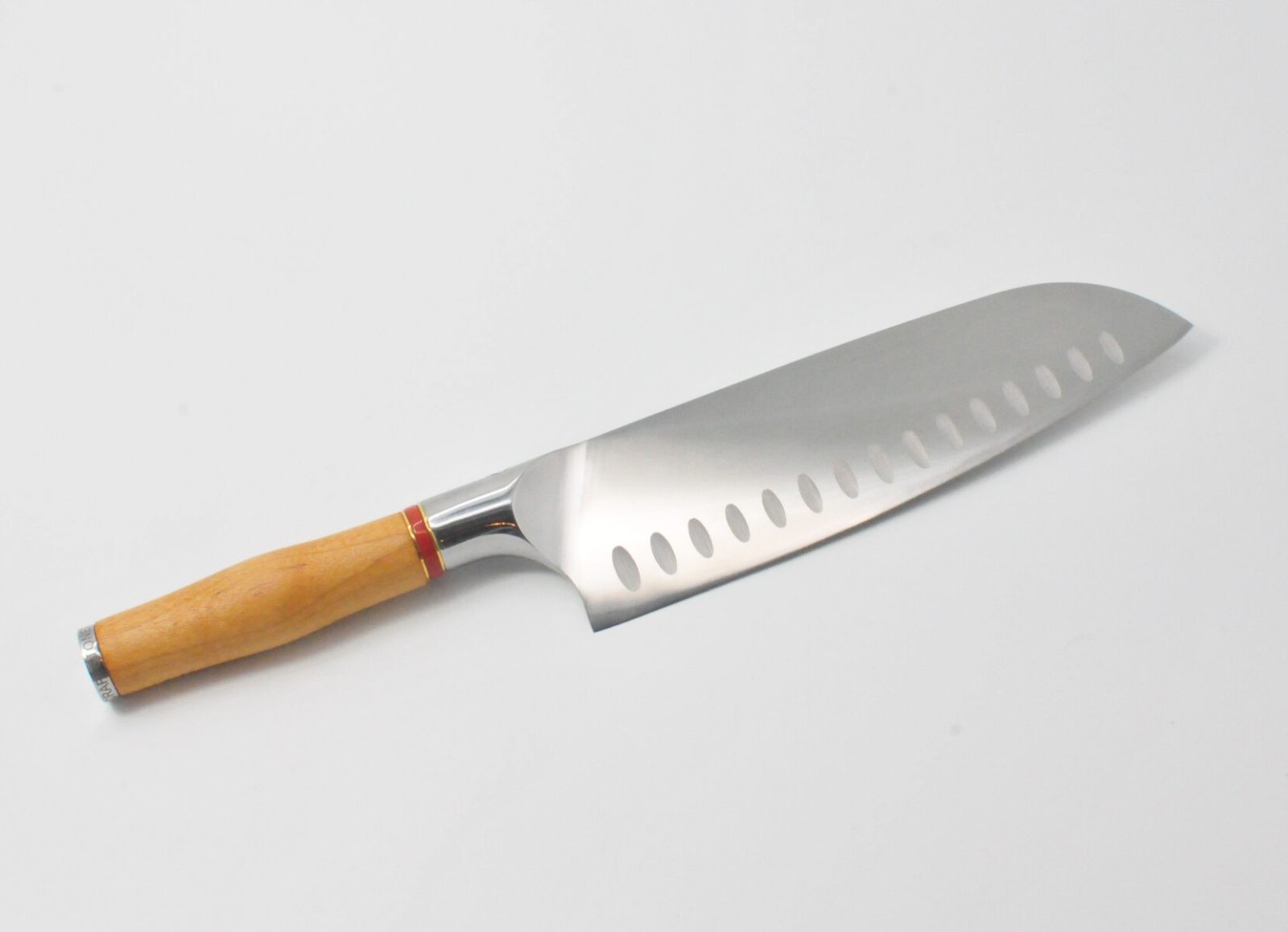 8 Inch Santoku Knife with a Torrefied Maple Handle, a Garnet Colored Cubic Zirconia Stone at the Back of the Knife and Brass and Red Jasper Decorative Rings-2