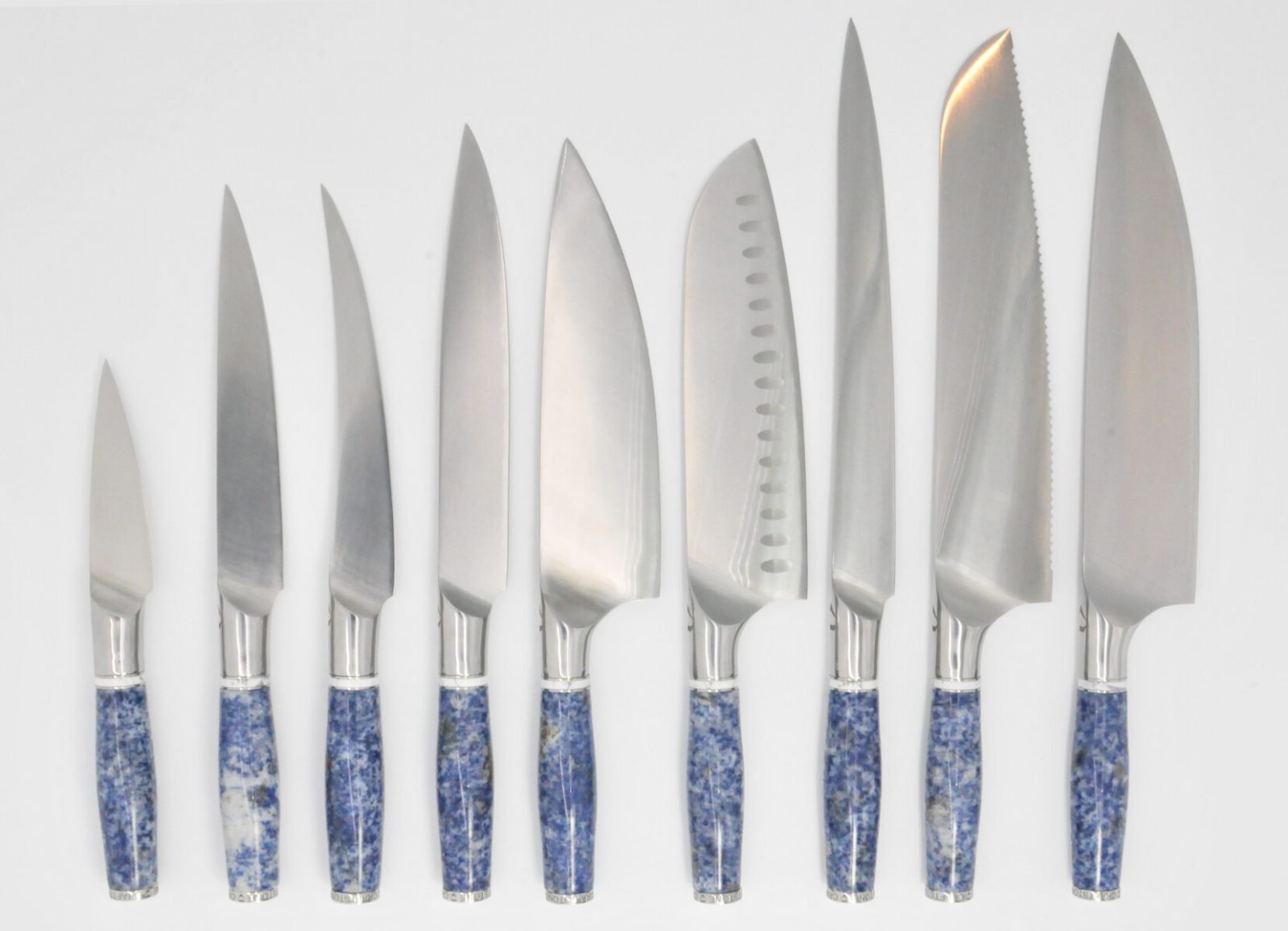 9 Knife Set with a Blue Dot Marble Handle, White Cubic Zirconia Stone at the Back of the Knife and White Howlite and Stainless Steel Rings