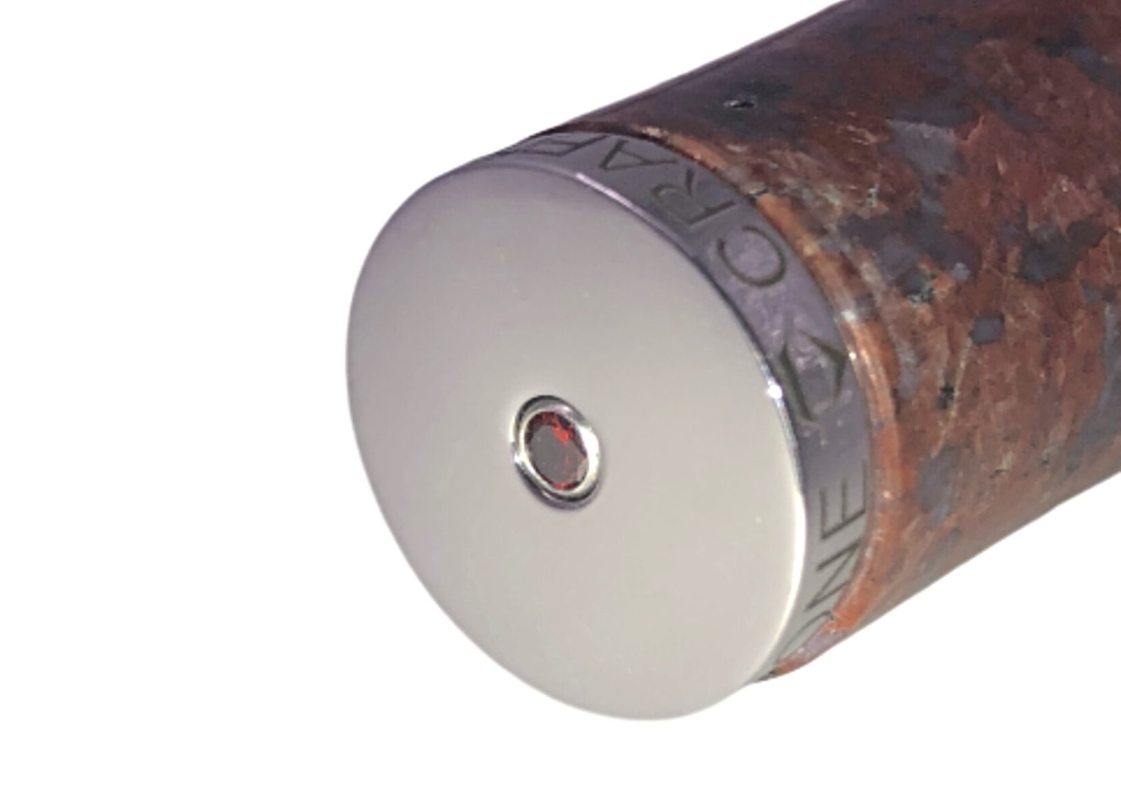 Red Granite Handle and a Garnet Colored Cubic Zirconia Stone at the Back of the Knife