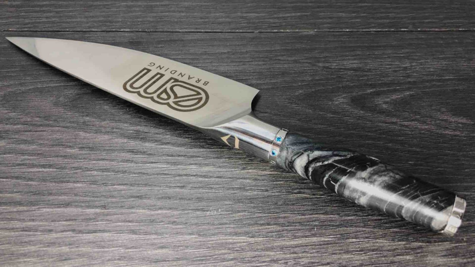 8 Inch Chef Knife with an Ancient Wood Grain Marble and Blue Topaz Gemstones copy