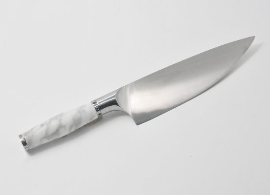 8 Inch Chef Knife with a Volakas Marble Handle, Swiss Blue Cubic